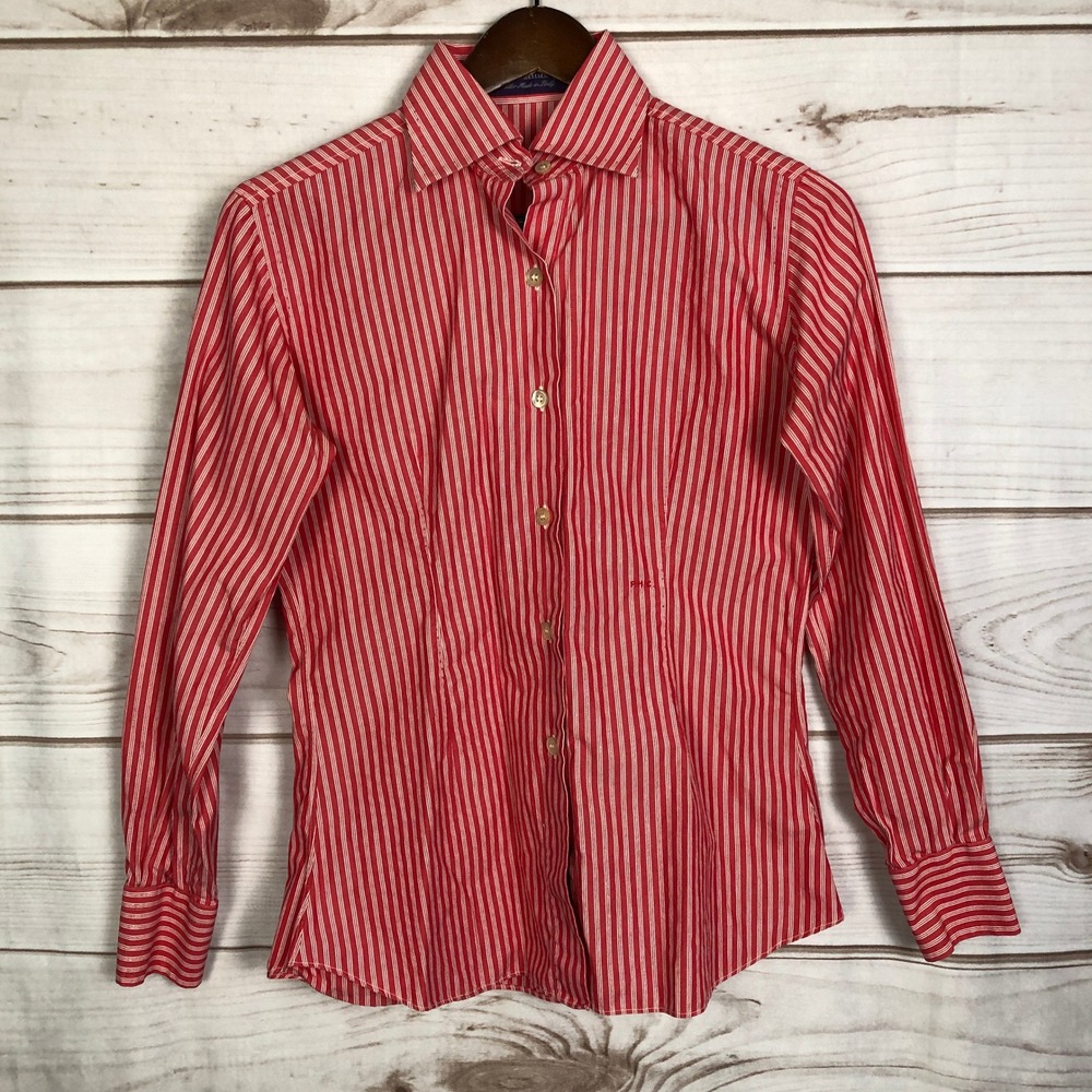 Patrick Hellmann Womens Red White Striped Button Down Shirt Long Sleeve